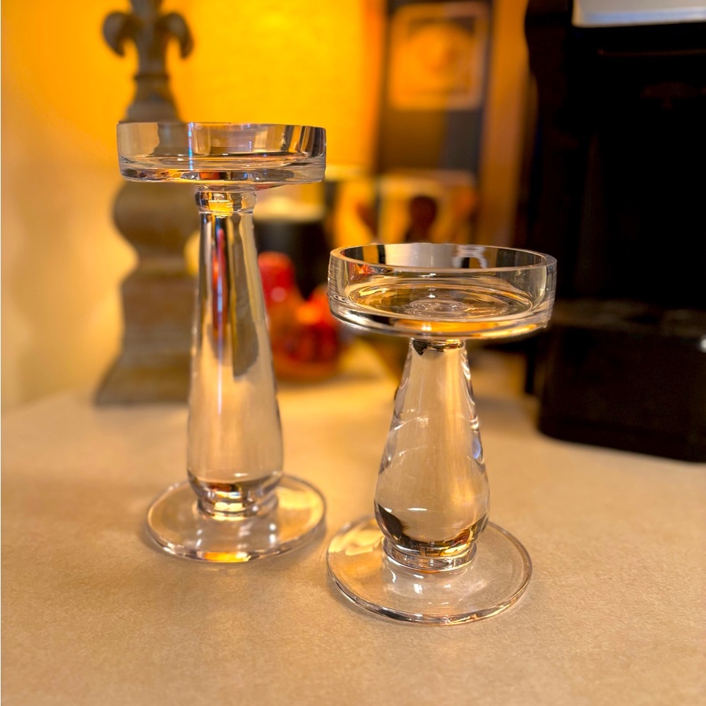 Hand blown solid glass pedestal candle holders set of 2